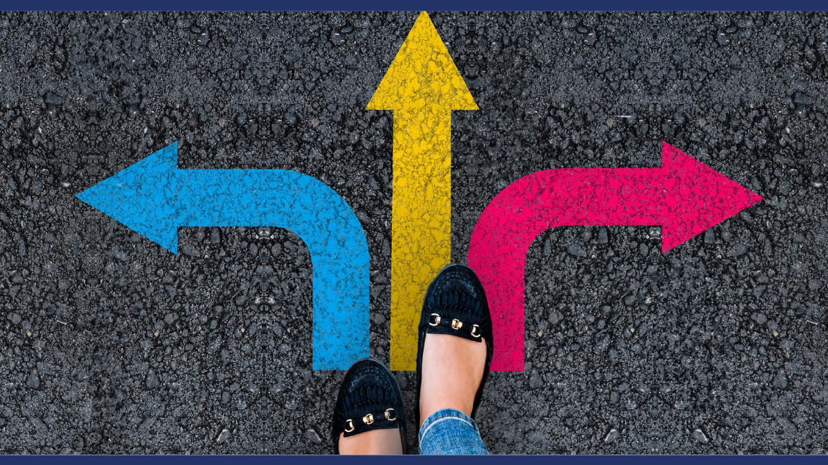 Person standing at a crossroads on asphalt, looking down at three painted arrows pointing left, straight ahead, and right, representing the challenge of decision making