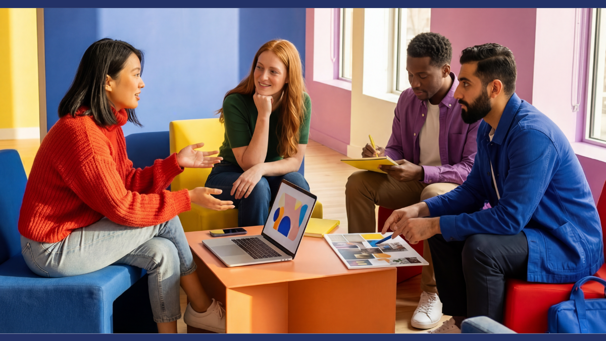 Four colleagues in a colourful collaborative workspace engaged in an open and attentive discussion, with one person speaking and the others listening actively.
